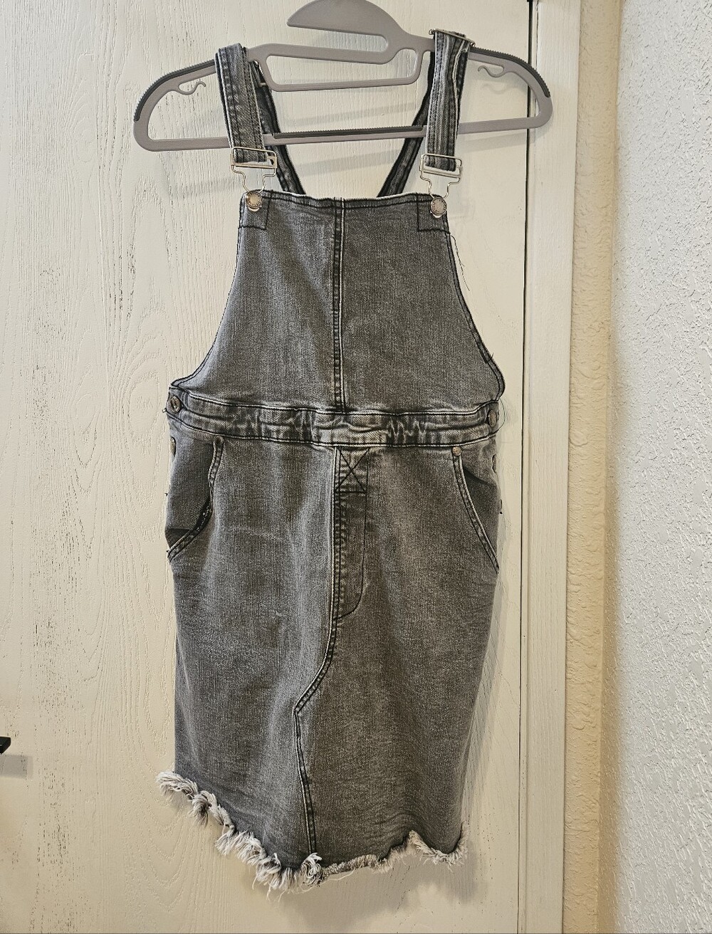 Listicle Denim Overall Dress with Frayed Hem